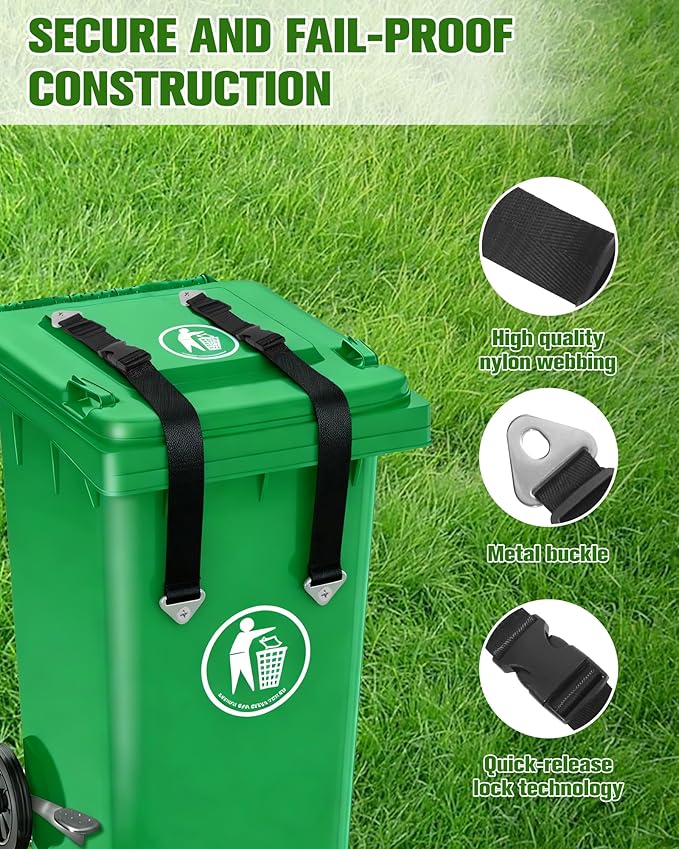 Bear Proof Trash Can Lock, Adjustable Garbage Can Straps with Lid Lock, Animal Proof Trash Can Locks for Bears, Raccoons, Critters, Outdoor Trash Can Enclosure, Black