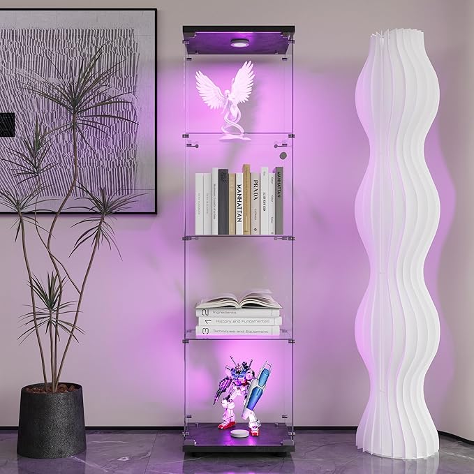 4-Shelf LED Lights Glass Display Cabinet, Floor Standing Glass Curio Cabinet with Door & Lock, Bookshelf, Toys & Trophy Display Case for Living Room, Bedroom & Exhibition Hall (Black)