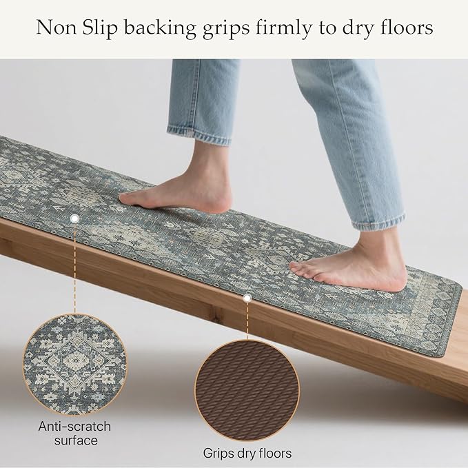 GENIMO Kitchen Mats for Floor, 2PCS Kitchen Rugs Non Slip Washable, Waterproof Anti Fatigue Mat, Comfort Standing Runner Rug for Sink, Office, Laundry, Home, 17.3"x47"+17.3"x30", Slate Blue