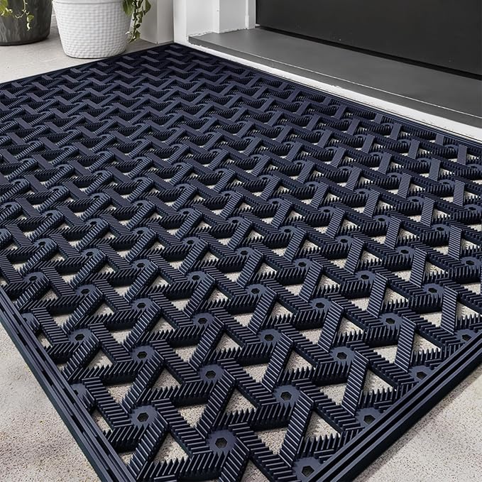 LUMI Outdoor Doormat 19x30, Front Door Mat Outside Entrance, Heavy Duty Rubber Welcome Exterior Door Mat Non Slip Waterproof, Outdoor Rubber Mats with Drainage Holes, Easy Clean Entryway Mats, Blue