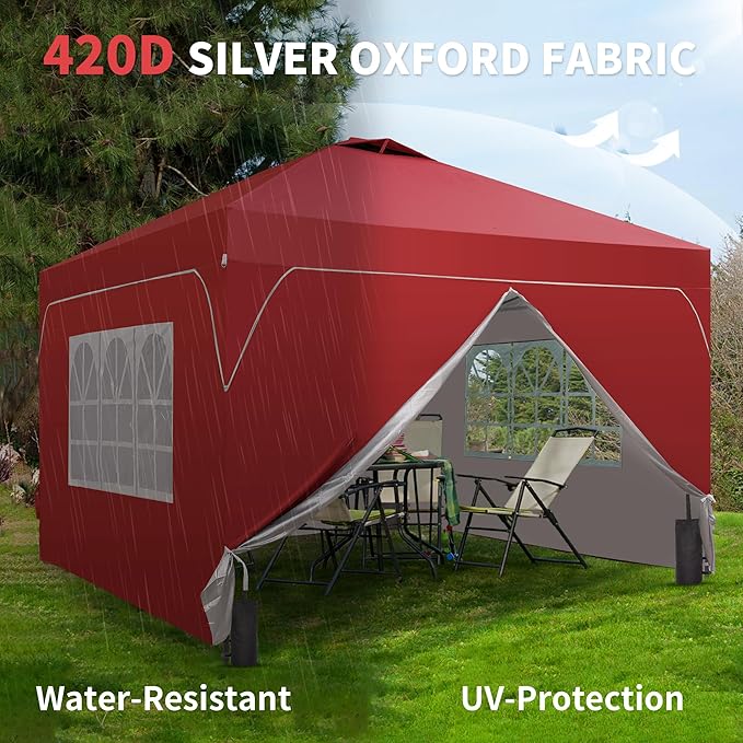 Saemoza 12x12 Pop Up Canopy Tent with One Push Setup, Outdoor Sun Shade Canopy with Vent Top for Backyard Party, Easy Up Instant Shelter with 4-Sandbags & Wheel Bag, Red.