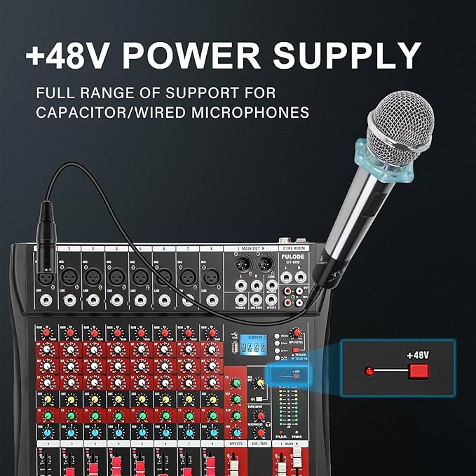 Audio Mixer 8 Channel, CT-80S Professional Sound System Mixer Board DJ Mixing Console with Reverb MP3 Player Bluetooth 48V Phantom Power Supply USB Recording for Studio Karaoke Live Music