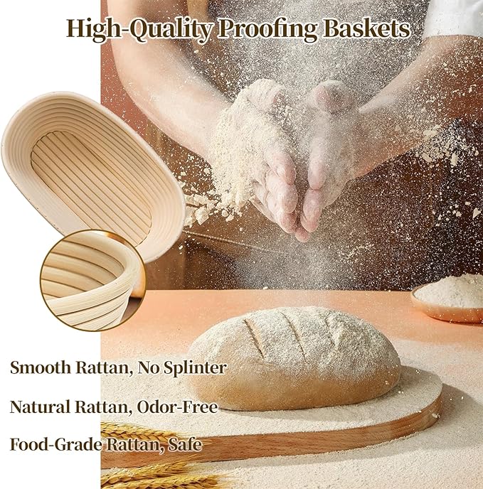 Banneton Bread Proofing Basket - Proofing Basket Set of 2 (10 inch Oval) - Natural Rattan Banneton with 2 Linen Liners - Bread Basket for Sourdough Bread Baking Supplies