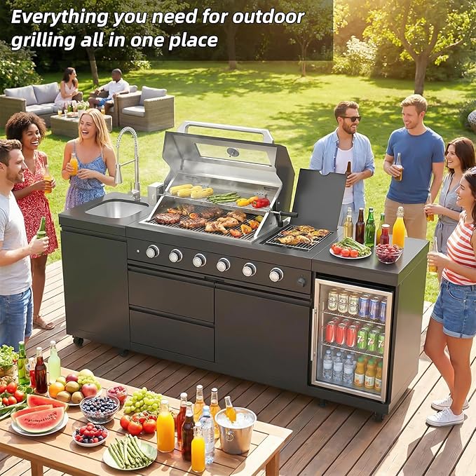 Outdoor Kitchen Island, 84.6 Inch 72000 BTU Gas Grill Combination With Refrigerator and Sink, Outdoor Stainless Steel Barbecue Bar, Natural Gas Barbecue Grill for Patios, Gardens, Parties