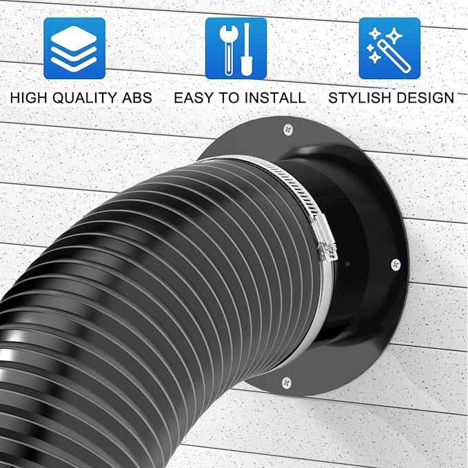 Hon&Guan 4 Inch Duct Connector, 4 Inch Duct Connector Flange Dryer Vent Connector For Heating Cooling Ventilation System, Plastic Dryer Vent Wall Plate -Black.