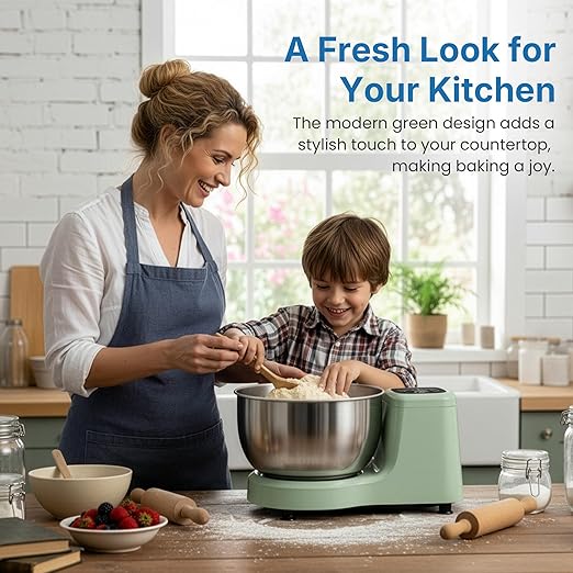 5.3 QT Electric Dough Mixer Maker, Fermenting and Kneading Flour Mixer Machine with Stainless Steel Bowl & Time Control, Green Stand Mixer for Baking Bread Cake Pizza & Sourdough
