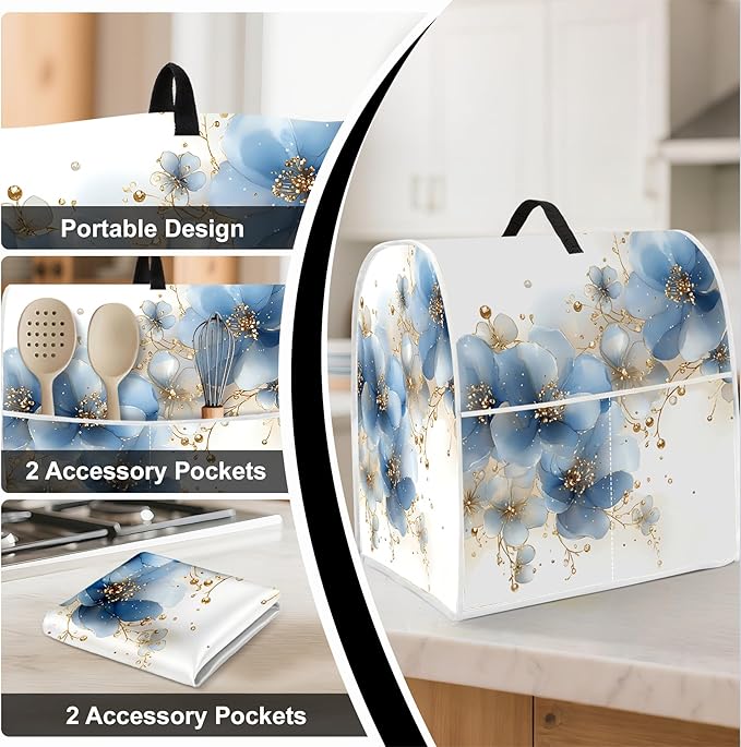 Stand mixer cover with handle and storage bag, reusable and washable, stylish retro floral design, keeps kitchen countertops clean and tidy (fits 6-8 quart mixers).