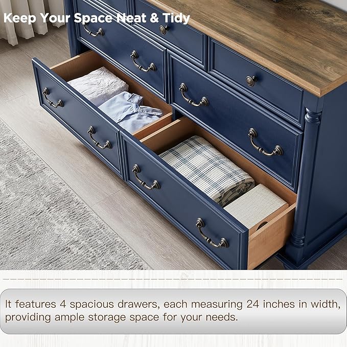 T4TREAM Farmhouse 7 Drawers Dresser Chests for Bedroom with 4 Solid Wood Feet, Tall Wide Wood Country Rustic Chest of Drawers, Storage Dressers for Bedroom, Living Room, Rustic Oak Antique Blue