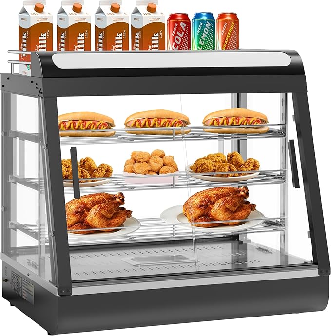 27 inch Countertop Food Warmer Display Case, 3-Tier Commercial Food Warmers with Top Rack for Milk/Bottles for Pizza/Pretzel, 3-Color Lighting, w/Thermometer for Cafeteria Kitchen Restaurant
