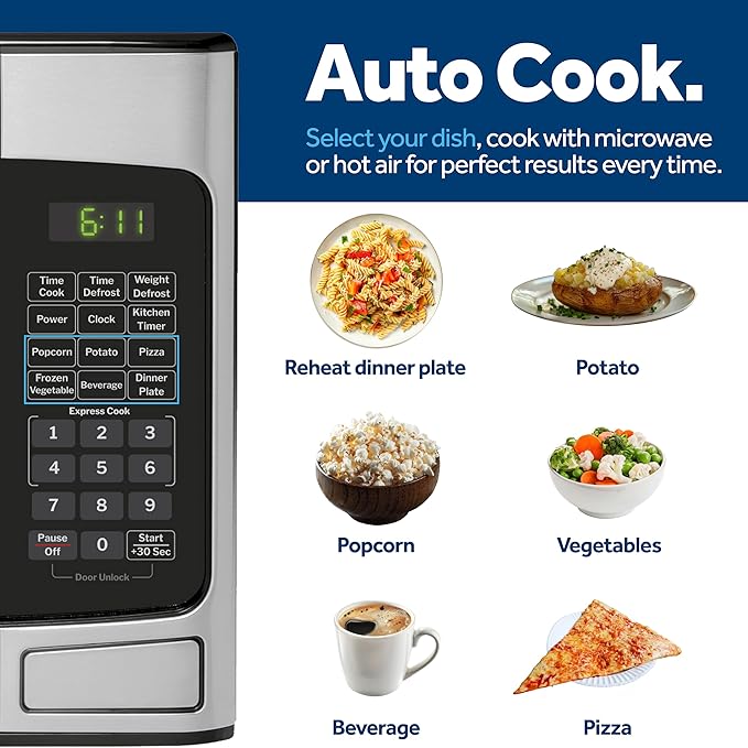 GE Compact Countertop Microwave Oven, 1.1 Cubic Ft., 950w Capacity, 6 Auto Cook Settings, Child-Lock Technology, Dorm Room, Apartment, Stainless Steel