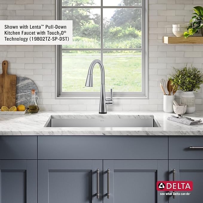 DELTA FAUCET Delta Lenta 32-inch Undermount 16 Gauge Stainless Steel Single Bowl Kitchen Sink with Accessories, 953034-32S-SS, Satin
