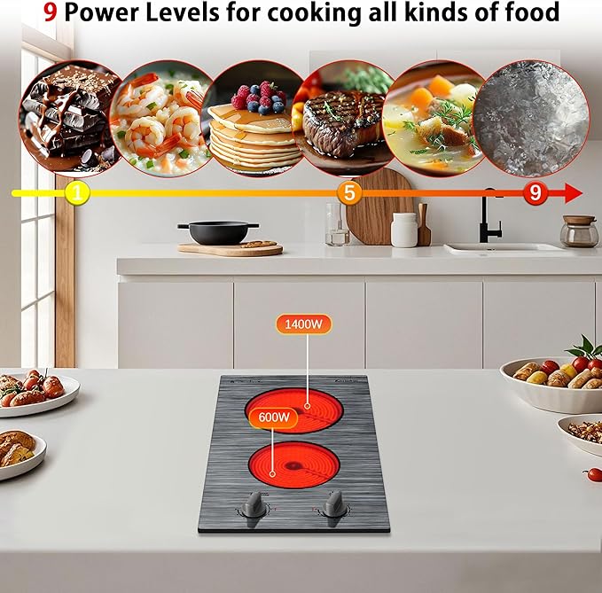 Karinear 2 Burners Electric Cooktop, 110v Electric Stove Top Knob Control, Built-in Countertop Ceramic Cooktop with Beautiful Woodgrain Pattern Glass Surface, 110v Outlet Plug