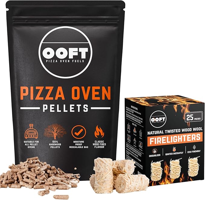 OOFT 100% Hardwood Pizza Oven Pellets and Firestarter Bundle - 5KG Resealable Bag - Suitable for Ooni, Dellonda, Nero, Fresh Grills, Ninja Woodfire and More - Includes Box of 25 Natural Firestarters