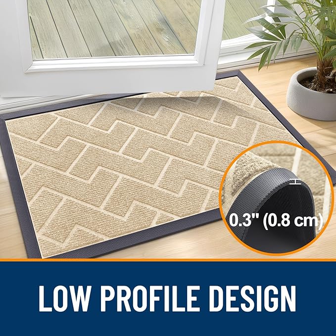 OLANLY Front Door Mat Indoor Outdoor Entrance, Waterproof All-Season, All-Weather Doormat, Sturdy Natural Rubber, Low Profile, Easy Clean Patio Porch Entryway Mat, Herringbone Brick (Beige, 71x23)