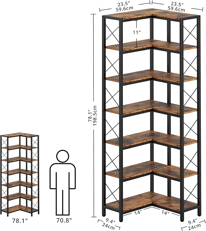 IRONCK Corner Bookshelf, 7-Tier Industrial Corner Bookcase, Tall Corner Shelf Storage Display Rack with Metal Frame for Living Room Home Office, Vintage Brown