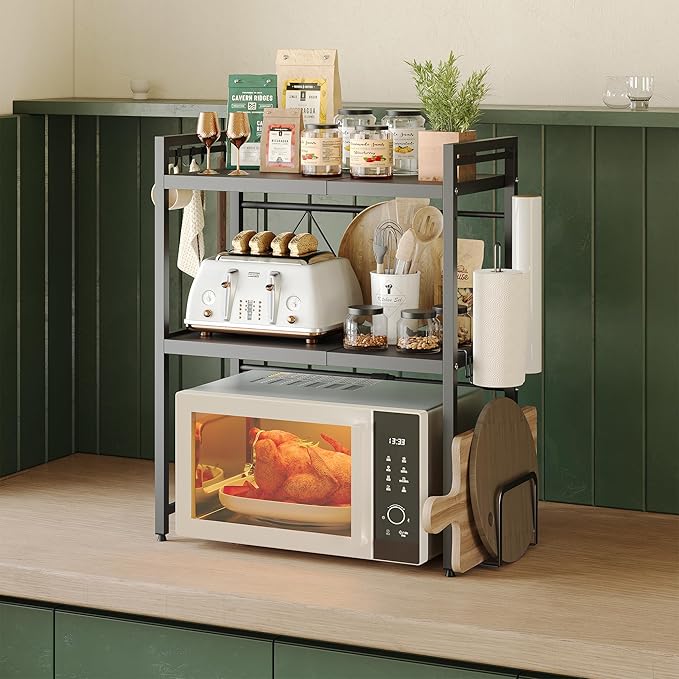 NETEL Expandable Microwave Stand,3 Tier Metal Kitchen Countertop Organizer Shelves with Paper Towel and Chopping Board Holder,Bakers Rack,Microwave Shelf,Microwave Oven Rack,110lbs Weight Capacity