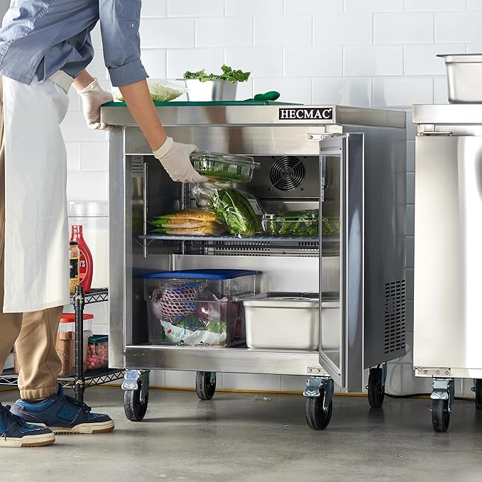 HECMAC 27" Commercial Refrigerator, 7.2 Cu.ft Worktop Undercounter Fridge with Single Solid Door, 33~40℉, 18-8 Stainless Steel Interior, ETL&NSF/ANSI 7 for Restaurant, Bar, Shop, Kitchen Use