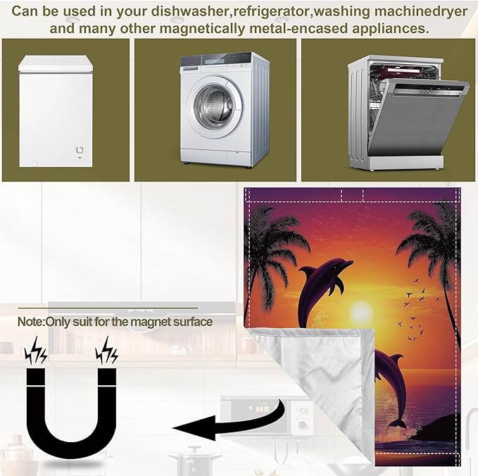 Magnetic Dishwasher Cover,Ocean Dolphin Reusable Dishwasher Magnetic Cover Sunset Plam Decorative Door Covers Panel for Home Kitcen 23" x 26"