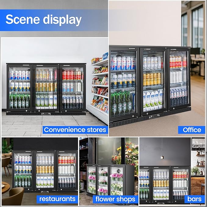 Back Bar Cooler with 3 Glass Doors Under Counter Commercial Beverage Refrigerator 11.5 Cu.ft. ETL Black Drink Fridges for Beer, Wine,Soda, Drinks
