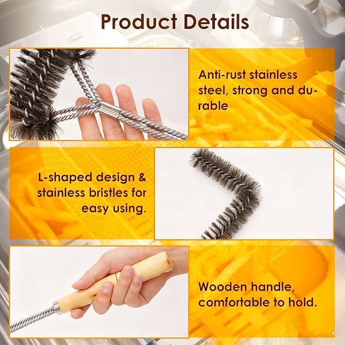 3Pcs Deep Fryer Cleaning Tools, Include L-Shaped Fryer Cleaning Brush Stainless Steel Bristle Fryer Cleanout Rod, Deep Fryer Basket Cleaning Brush Kit for Kitchen Restaurant Bakery