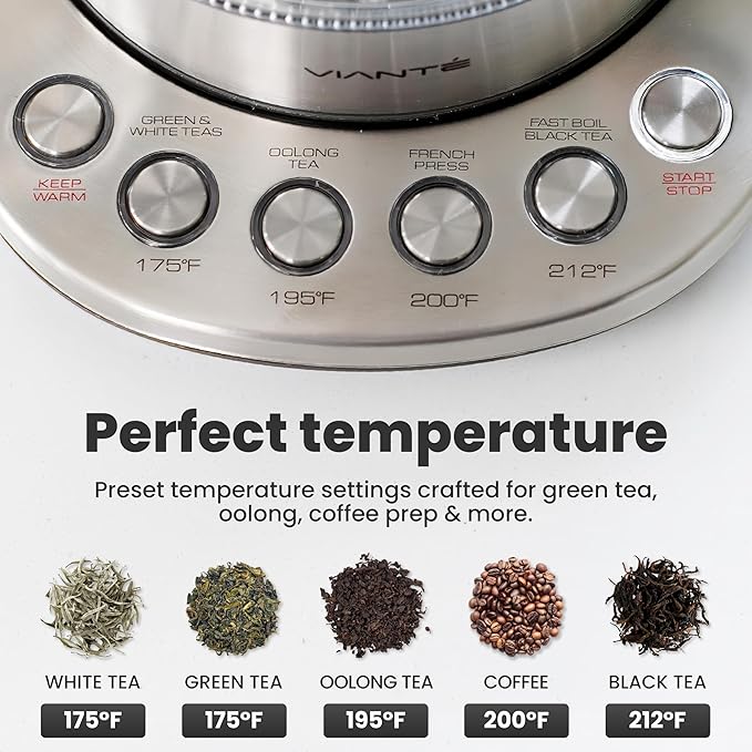 Vianté Electric Kettle With Infuser. No Plastic In Contact With Water. Hot Tea Maker With Temperature Control And Automatic Shut Off. Tea Kettle With Brewing Programs. 1.5 Liters Capacity