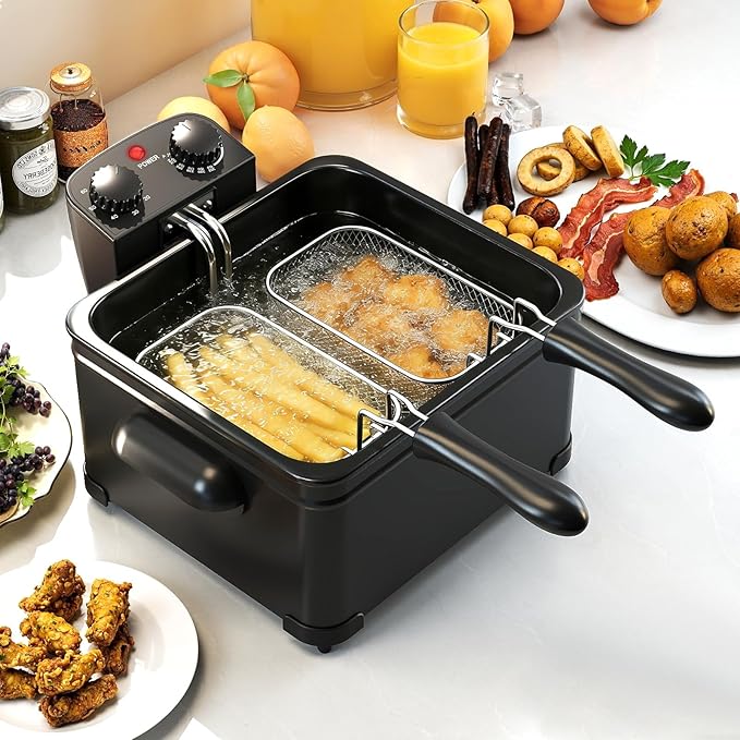 SIMOE 5L Electric Deep Fryer with 3 Baskets and Lid,1700W Countertop Electric Oil Fryer w/Temperature Control, View Window, Adjustable Timer, Deep Fryer for Home Use