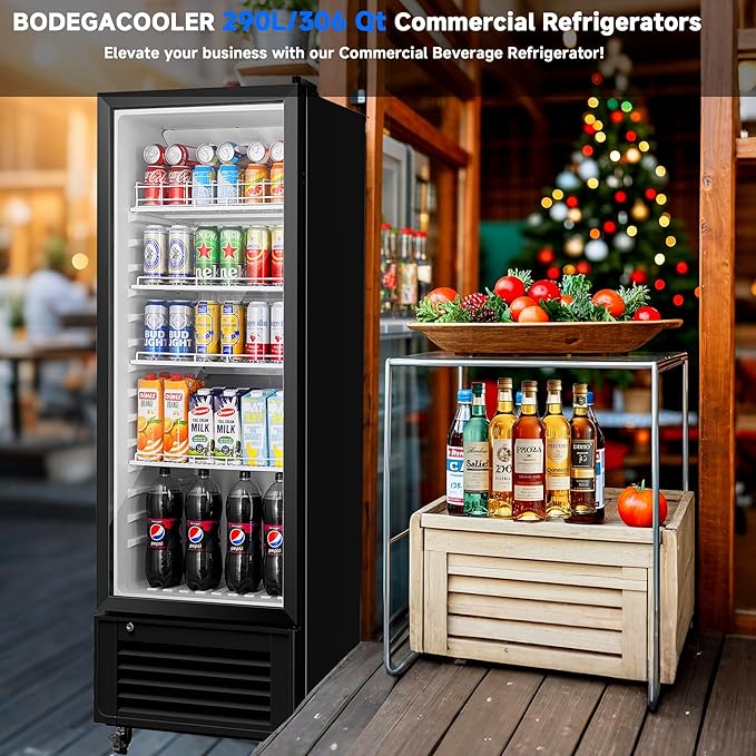 BODEGACOOLER Beverage Refrigerator, 290L/306 Qt Commercial Refrigerator For Kitchen, Home,Office and Garage, 264 Cans & 120 Bottles Display Refrigerator For Beer,Soda, Bar Cooler with Soft LED Light.