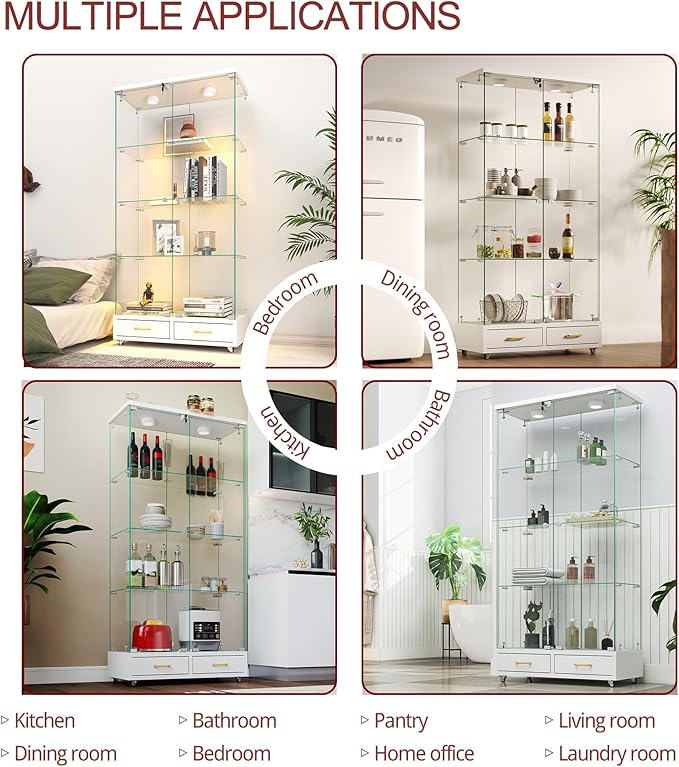 Yoluckea 4 Tier Glass Display Cabinet with LED Lighting and 2 Drawers, 2 Doors Floor Standing Curio Cabinet with Wheel for Home, Office, Corner Display, White Glass Bookshelf for Collections and Decor