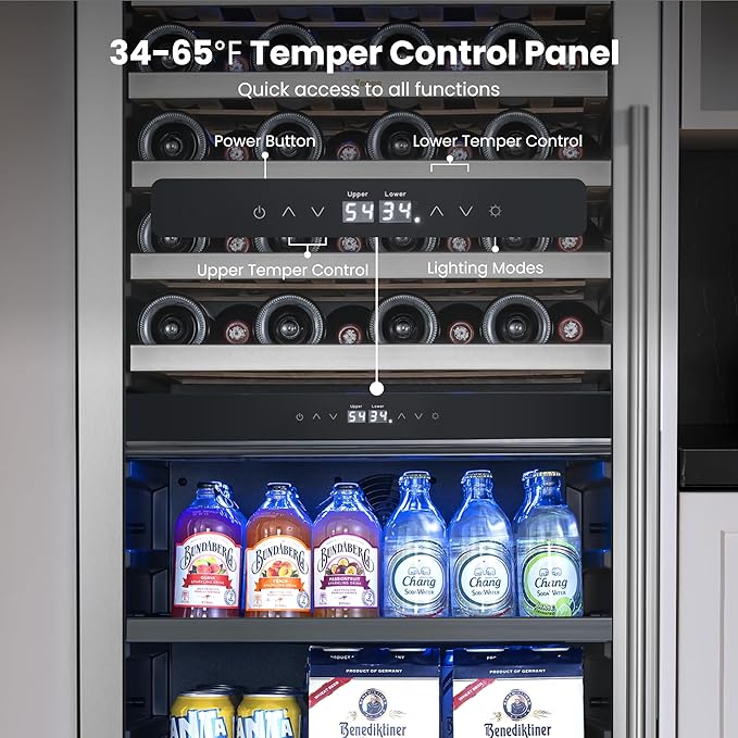 Yeego 24 Inch Wine Fridge - 40 Bottles and 112 Cans Dual Zone Wine Cooler with Glass Door, 34-65℉ Built-In or Freestanding Refrigerator with Lock and 2 Color LED for Kitchen Bar Office (Left-Hinged)