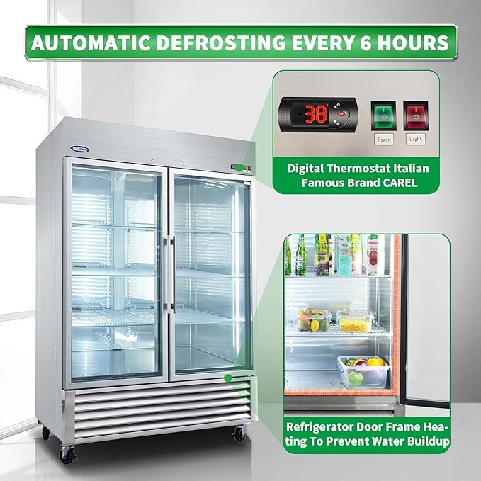 54" W Commercial Glass-Door Reach-In Refrigerator - Tempered Glass Double Door Fridge, 46 Cu.ft Capacity, 6 Adjustable Shelves, Auto Defrost, Digital thermostat control, LED Lighting