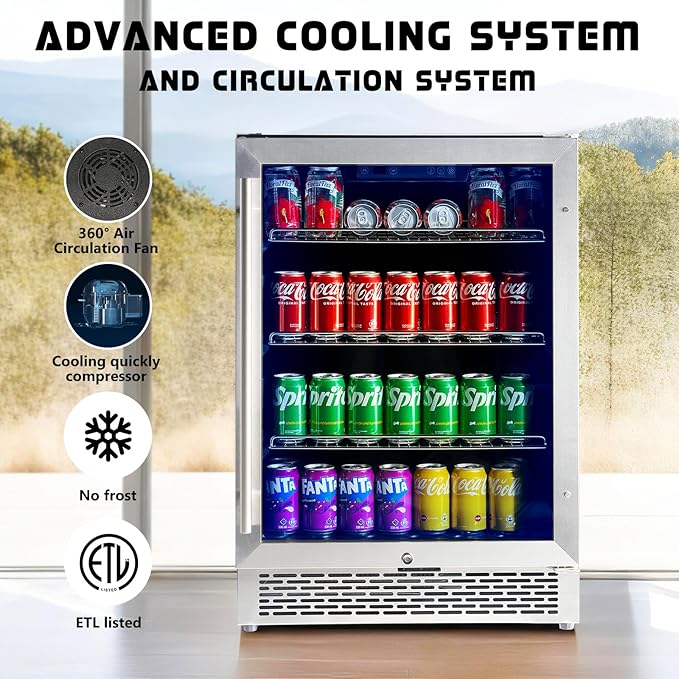 Jocisland 24 Inch Beverage Refrigerator, Built-In or Freestanding Fridge with Glass Door, LED Touch Control, Adjustable Shelves, Holds 207 Cans, Under Counter Beer & Wine Cooler, 34–64℉