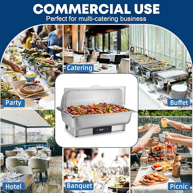 Electric Chafing Dish Buffet Server Set, Stainless Steel Full Size & Half-Size &Three-Section Food Pan with Temp Control, Roll Top Stainless Steel Food Warmers for Catering Buffet (A-02)