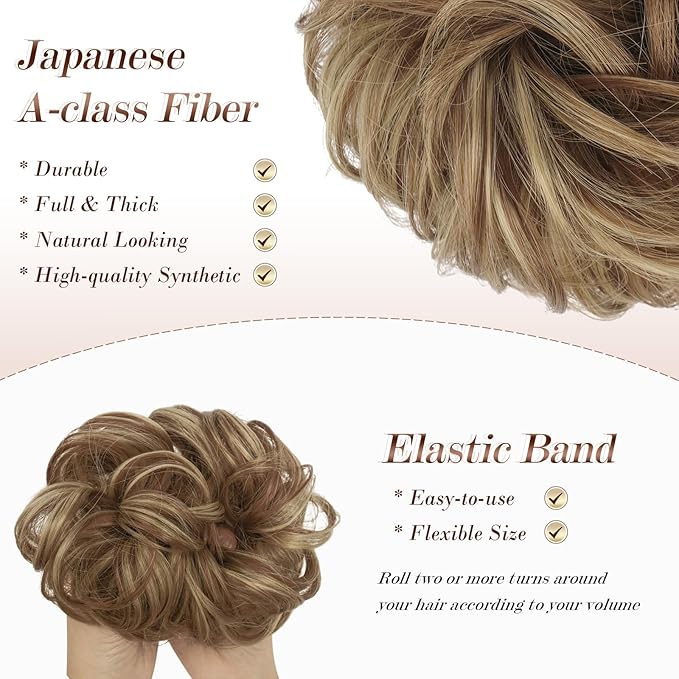 FESHFEN Messy Bun Hair Pieces - Large Wavy Curly Elastic Hair Bun Scrunchies Ponytail Extensions Synthetic Chignon Hairpieces for Women, Brown & Blonde 1.94oz