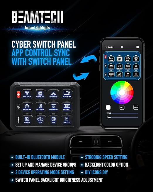 BEAMTECH 12 Gang Switch Panel, APP Remote Control RGB Toggle Momentary Pulsed Circuit Control Relay System Box Auxiliary Touch Control Switch LED Light Controller for Car Truck Van Off Road