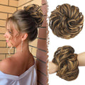 FESHFEN Large Messy Bun Hair Piece - Wavy Synthetic Chignon Scrunchies Elastic Ponytail Hair Extensions Thick Hairpieces for Women, Brown Highlighted Caramel Blonde 1.94oz