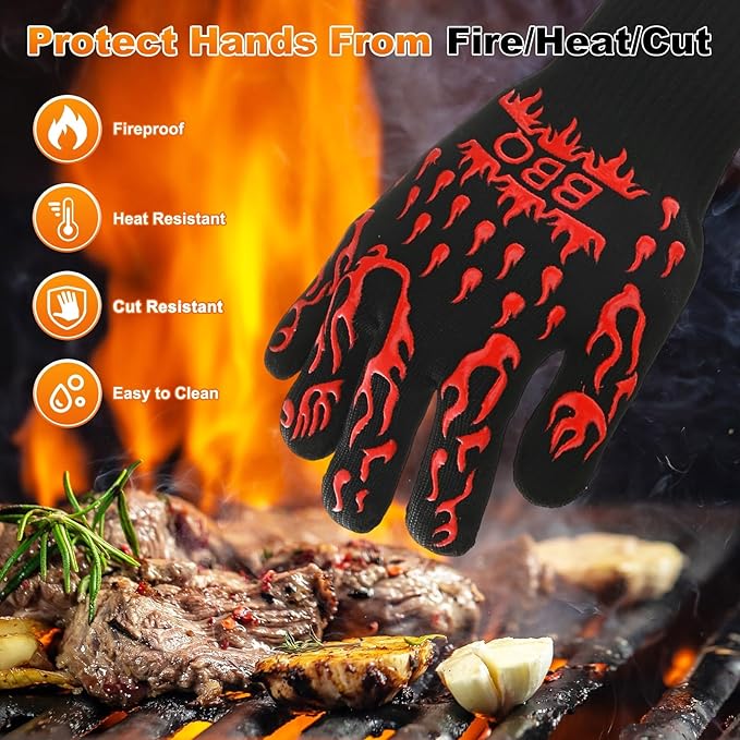 1-Pair BBQ Gloves, 1472°F Heat Resistant Non-Slip Grilling Oven Gloves for Barbecue/Baking/Cooking [L Size, Red]