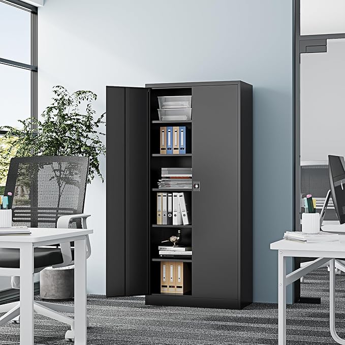 Metal Storage Cabinet-71” Tall Steel File Cabinets with Lockable Doors and Adjustable Shelves-Black Steel Storage Cabinet for Home,Kitchen, School, Office, Garage