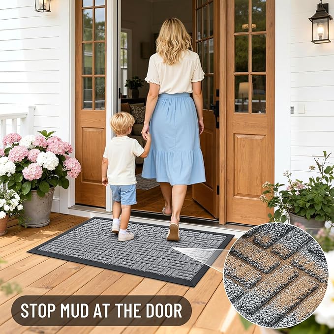 OLANLY Front Door Mat Outside Entrance 59x23, Absorbent, Heavy Duty Sturdy Natural Rubber Doormat Indoor Outdoor, Non-Slip, Stain and Fade Resistant, Low Profile Floor Mat for Entryway, Charcoal Gray