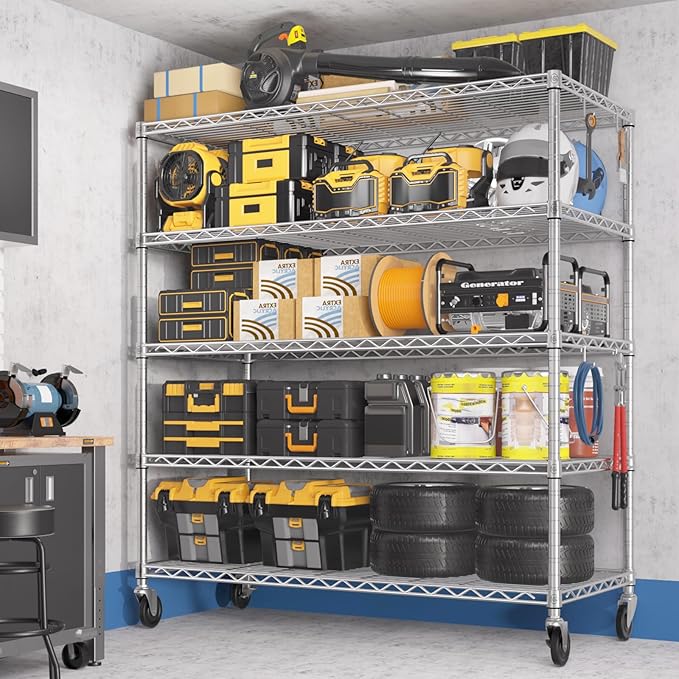 PrimeZone 5 Tier 48" Wx24''Dx81''H Wire Shelving with Wheels 3000lbs NSF Storage Shelves Heavy Duty Metal Shelf Adjustable Rolling Rack Commercial Garage Restaurant Warehouse Kitchen Chrome 8Pack