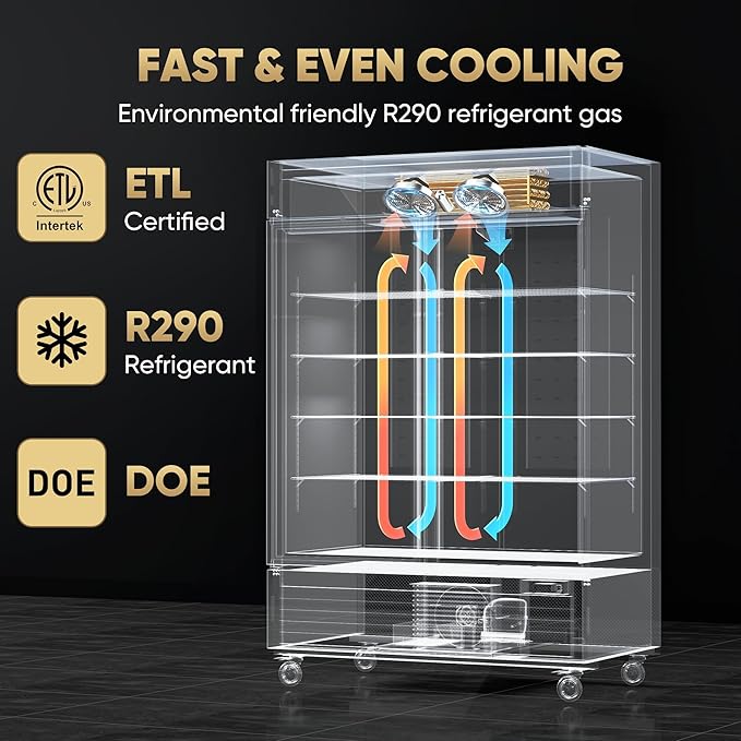 Coolski 54"W Commercial Freezer, -13℉ ~-5℉, 49 Cu.Ft 2 Door Reach-In Stainless Steel Upright Freezer for Restaurant, Cafe, Shop, Business, 8 Adjustable Shelves