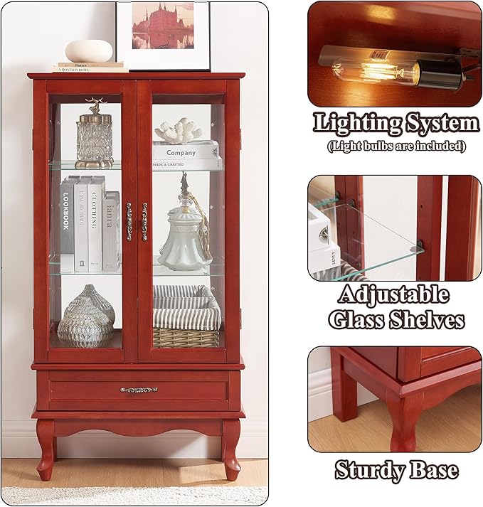 49" H Lighted Curio Cabinet Display Case, Glass Curio Cabinet with Adjustable Shelves,Tempered Glass Door and Drawer, Wooden Cabinets w/Mirrored Back Pane for Living Room (Cherry)