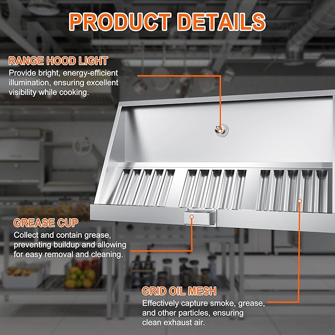 Commercial Exhaust Hood 4 FT Stainless Steel Concession Trailer With 2 Removable Filters, Grease Cup and Light, Rust Resistant Vent for Restaurant Kitchen, NSF Listed