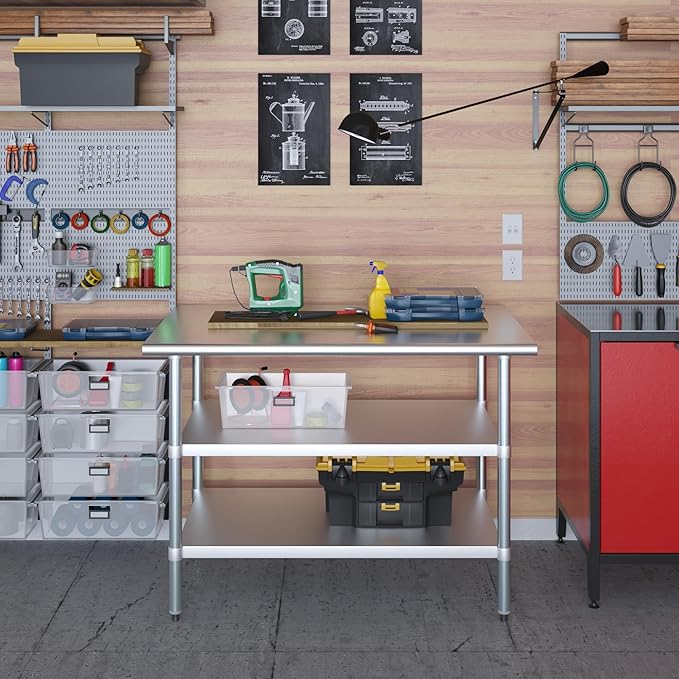 AmGood Stainless Steel Work Table with 2 Shelves | NSF | Metal Utility Table (48" Long x 30" Deep)