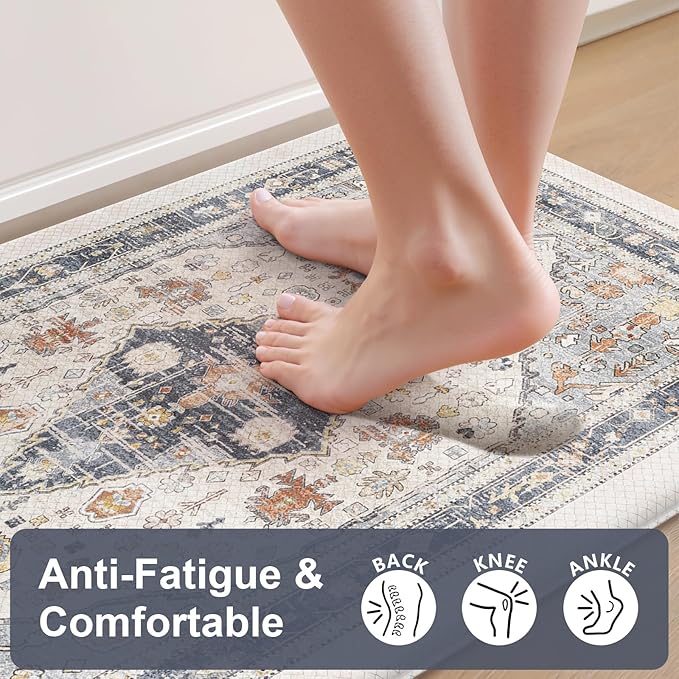 Collive Boho Floor Mats 2 PCS, Cushioned Anti-Fatigue Non-Skid Waterproof Under Sink Mat, Blue/Multi Comfort Standing Desk Mat for Office, Home & Kitchen, 17"x30"+17"x47"