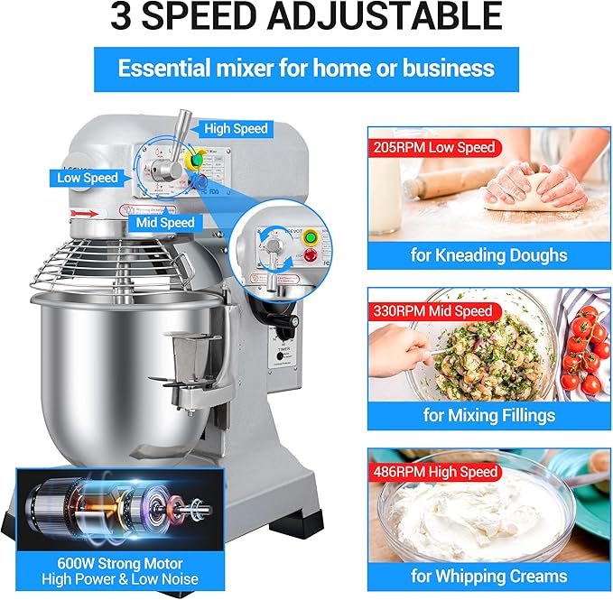 Commercial Mixer 15 QT by LEEVOT – Electric Food Mixers with Timing Function, Heavy Duty 3-Speed Dough Mixer for Baking, Pizza Dough, Bakery, Restaurant & Home Kitchen