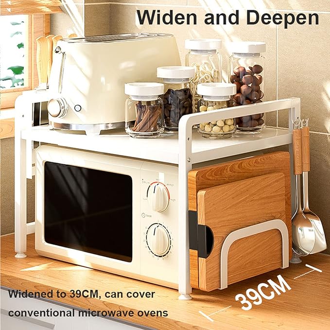 Microwave Storage Rack Retractable Microwave Rack, Hight Adjustable Horizontal Extension Utility Organizer Shelf Counter Toaster Storage Stand, 176Lbs Load Bearing, White/2Tier