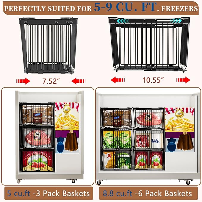 Large Freezer Organizer Bins，Upgraded Bottom Leak-Proof net，Fit 5 to 9 Cu Ft Chest Freezer，6 Pack， Expandable Stackable Chest Freezer Containers with Handle (Black-6P)