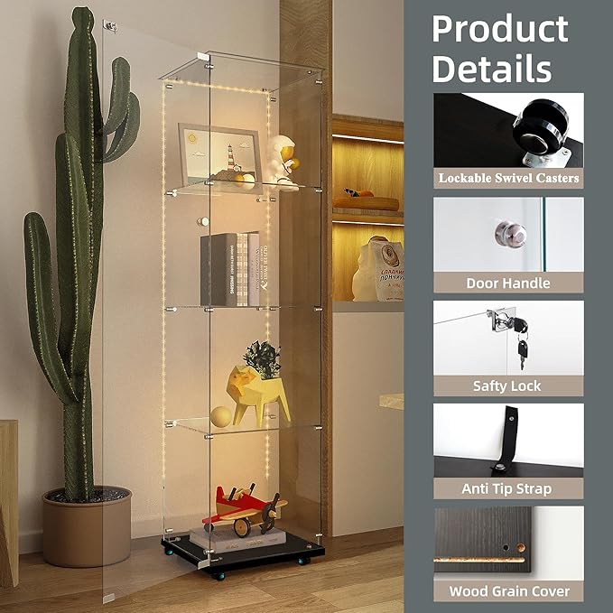 Glass Display Cabinet with LED Light Strip, 4 Shelves with 1 Door, Glass Top Curio Storage Cabinets with Lock & Caster for Living Room, Floor Standing Bookshelf, Quick Installation - Black