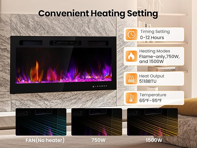 Electric Fireplace Inserts 42 Inch Wide, RealSmart Wall Mounted Fireplace 750W/1500W in-Wall Recessed Heaters with Remote Control, Timer, 12 Adjustable Color Flame & Brightness, Touch Screen