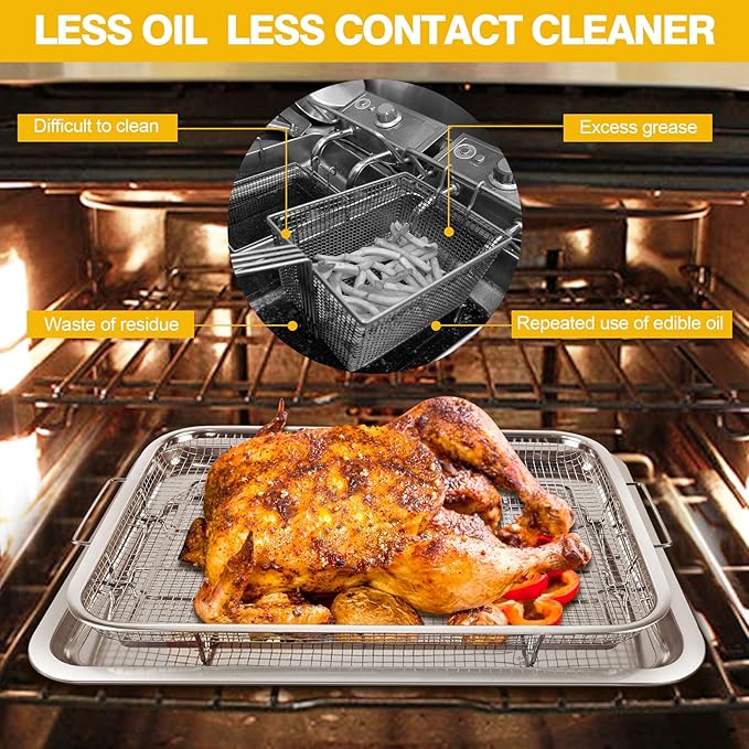 Extra Large Air Fryer Basket for Oven 18 x 12 Inch Stainless Steel, Oven Air Fryer Basket and Tray Set with 30 PCS Parchment Papers, Bacon Cooker Broiler Pan for Oven, Bakeware Sets Oven Rack-2 Piece